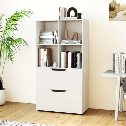 Bibliothèque bois 4 cubes + 2 tiroirs anti-basculement KOMFOTTEU