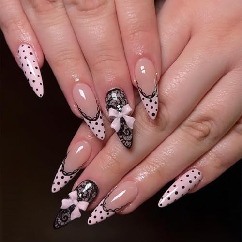 Polka Dot & Lace Press on Nails Long Almond Fake Nails Cute French Tip Nails Press ons with Bow Design Reusable Artificial Nails Full Cover Stick on Nails for Women Manicure 24Pcs