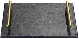 BSTKEY 30x20cm Natural Marble Stone Storage Tray with Metal Handles, Decorative Rectangular Marble Plate Tray Organizer for Kitchen Bathroom Dresser Decor Vanity Counter, Black