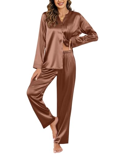 Image of Ekouaer Silk Pajamas For Women 2 Piece Set Satin Pjs Long Sleeve Button Up Sleepwear Comfy Lounge sets
