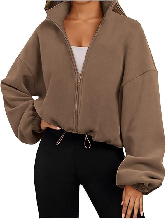 Womens Zip Up Hoodies Oversized Sweatshirts Solid Long Sleeve Crop Sherpa Fashion Clothes Fall Outfits