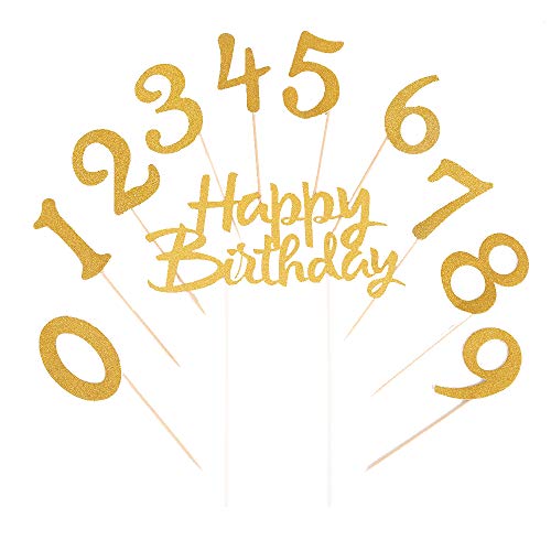 LVEUD Gold Glitter 0-9 Cake Topper and Happy Birthday Cake Topper for 18th-21th-30th-40th-50th-60th-70th-80th-90th Birthday Party Decoration Supplies of Set 21