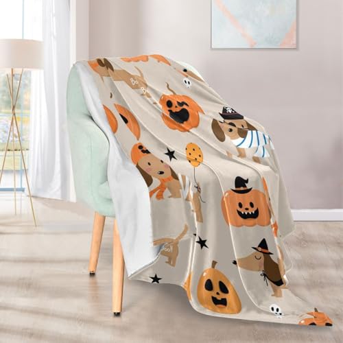 susiyo Happy Halloween Dachshund Puppy Dog Throw Blanket Super Soft Flannel Bed Blanket Lightweight Microfiber Warm Cozy Blanket for Bed Couch Travel, 50 x 60inch