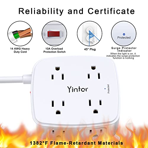 USB Power Bar Extension Cord - Yintar 6Ft Surge Protector Power Strip with 8 Outlets and 4 USB Ports(3U1C), 3 Side Outlet Extender for Home, Office, Dorm Essentials, ETL Listed, Wh image 2