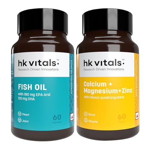 Image of hk vitals Calcium, Magnesium and Zinc Tablets with Vitamin D3 & Fish Oil (60 Tablets Each) Combo Pack | 1000mg Omega 3 with 180 mg EPA & 120 mg DHA