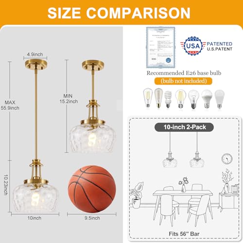 Image of Modern Pendant Lights Kitchen Island, Brushed Gold Pendant Light Fixtures with 10 inch Clear Hammered Glass Shade, Industrial Hanging Pendant Lights Fixture for Kitchen Island Dining Room Bedroom Entryway
