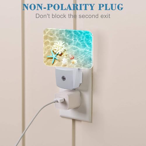 Image of Starfish Coral and Seashell Plug in Night Lights, Beach in Sea Water Nightlight Plug Into Wall Dusk to Dawn Sensor for Kid Girls Boys Women Men Room, Hallway, Kitchen, Bathroom, Stairs Decor