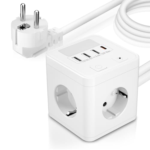 Grenuttag med USB C, 4-Vägs Uttagskub med 1 USB C och 3 USBA, överspänningsskydd Flera Uttag Kub med Nattlampa, Flera Uttag Strömlista med Strömbrytare för Hemmakontor, 1,5 m Kabel, Vit