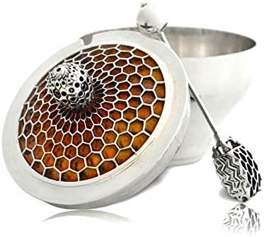 Sterling Silver Honeycomb Honey Dish With cold enamel colors & Spoon Jewish New Year