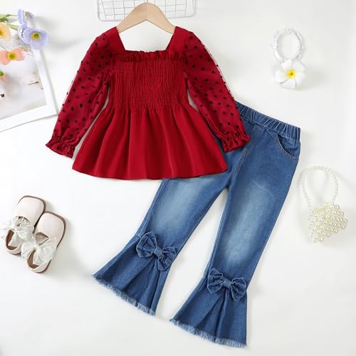 Image of Kucnuzki Toddler Kids Girl Clothes Long Sleeve Shirt Tops Baggy Jeans Cute Pants Set Baby Girl Outfit 2 Piece Clothing