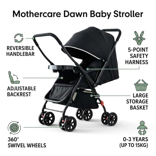 Image of Mothercare Baby Stroller Pram, 5 Point Safety Harness, Swivel Wheel, Black