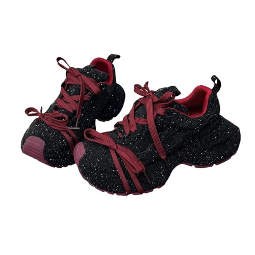 Women Chunky Sneakers, Full Rhinestone Dad Shoes, Thick Sole Height Increasing Bow Tie Straps Girls Shining Footwear