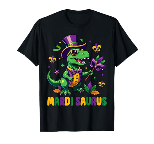 Mardisaurus Dinosaur T Rex Mardi Gras Boys Kids Mardi Gras Maglietta