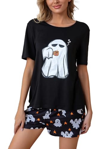 Leevuyu Halloween Pjs Ghost Face Pajamas Halloween Pajamas Adult Women Short Set Scream Pajama Set Black XL