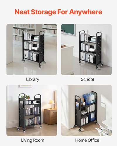 VEVOR Bücherwagen, 150 kg Tragkraft, Bibliothekswagen, 77 x 38 x 122 cm, einseitiges L-förmiges Bücherregal mit Doppelbremsrollen, Bücherregalwagen für Wohnzimmer, Büro, Schule, Schwarz