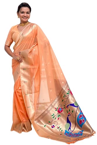 Image of SGF11 Women's Organza Kanjivaram Pure Soft Silk Handloom Saree Pure Golden Zari With Blouse Piece