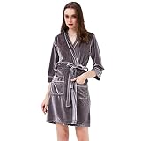 Soft Velvet Nightdresses for Elderly Women Short Cozy Bath Robes Plus Size Men Comfy Trap Door Pajamas Matching Sleepwear Dressy (Color : Gray, Size : M-95cm)