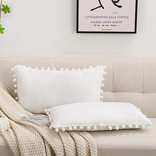 Cawanfly Set Of 2 Decorative Throw Pillow Covers With Cute Pom Pom, Square Soft Cushion Case Home Decor For Couch Sofa Bed 12X20Inch/30X50 Cm (White) #TOP1