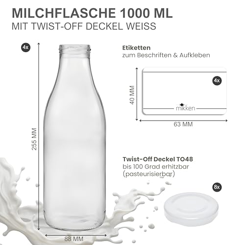 Foto von mikken 4 Glasflaschen 1000ml Saftflaschen Milchflaschen mit 8 Deckeln Weiß inkl. Etiketten