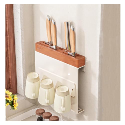 Dxcaicc Portacuchillos De Cocina con Portavasos, Portacuchillos Universal De Madera De Acacia 6 En 1, Mmultifunción Bloque De Cuchillos De Ventilación De Pared para Familia, Restaurante,C,13 Inch