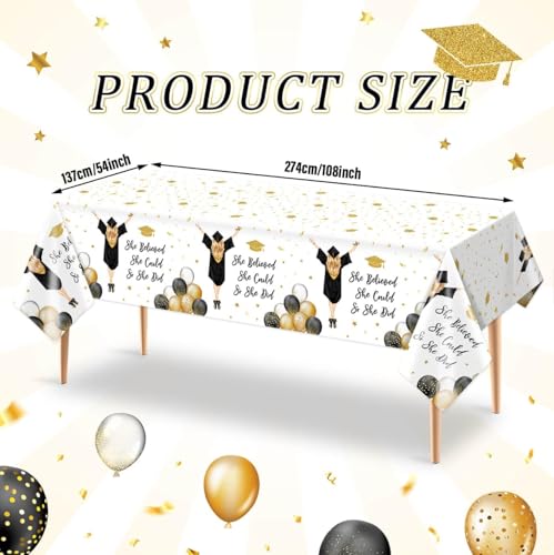 Vanulus 3Pcs She Believed She Could So She Did Tablecloth Class of 2026 Graduation Plastic Table Cover for College Congratulations Party Decorations Graduation Party Supplies 54x 108inch