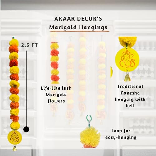 Image of Akaar Decor Artificial Marigold Flower Door Hanging with 'Ganesh Ji' | Diwali decoration items for home decor|Artificial flowers for decoration|puja decoration items for home|(L:Approx. 2.5ft)