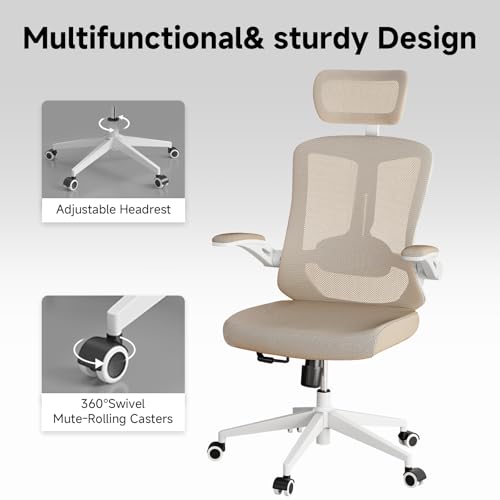 Image of Ergonomic Office Chair with Adjustable Lumbar Support & Flip-Up Armrests - High Back Computer Desk Chair with Thickened Seat Cushion, Rolling Wheels for Home /Office Study Work (07khaki)