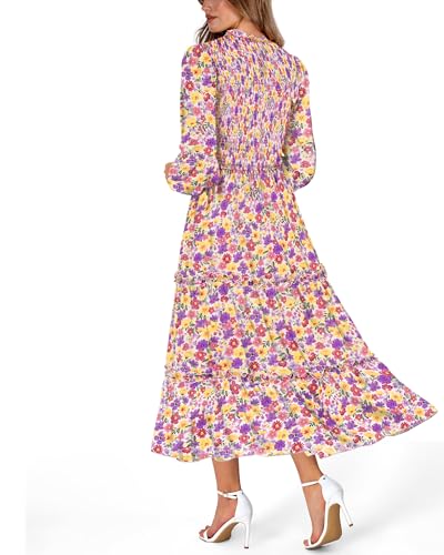 Image of NOLLSOM Women 2026 Spring Dress Floral Boho Dress Casual Long Sleeve Crew Neck Ruffle A-Line Flowy Wedding Guest Maxi Dresses