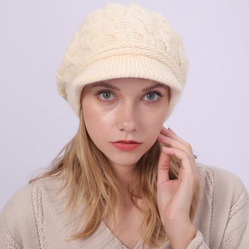 DURINM Warme Winter mütze Fleece Mütze Schirm Visor Wintermütze Damen Warme Gefütterte Wintermützegestrickte Schirmmütze Baseballmütze mit Weiches Dickes Fleecefutter (beige)