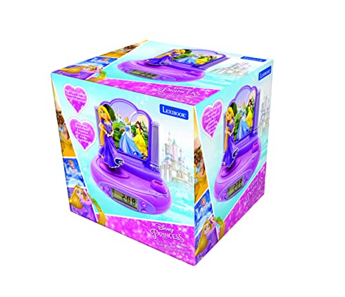 LEXiBOOK Disney Princess Rapunzel Projector Radio Clock, Built-in Night Light, time Projection onto The Ceiling, Sound Effects, Battery-Powered, Pink/Purple, RP515DP