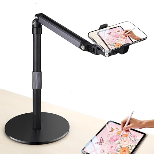 Exquilnova Overhead Stativ Handy 360 drehbar Handyhalterung Tisch mit stabilem Sockel Winkel- und Höhenverstellbar Handy Ständer Tisch Smartphone Stativ für Live-Streaming Videos & Filmen