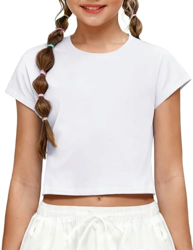 Arshiner Girls' Short T-Shirt Summer Sports Kids Round Neck Tops Solid Color Short Sleeve Shirts Fashion Tee Loose Fit T-Shirts Casual Children's Clothing White 11-12 Years