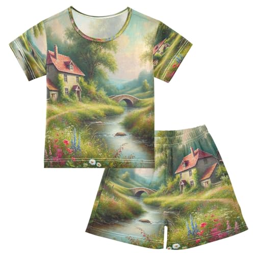 Flowers Stream Pajama Set Short Sleeve Summer Pajamas Sleepwear Nightwear Set Cotton 5Y