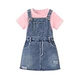 HSOXLQF Toddler Girls Summer Clothes T-Shirt + Washed Ripped Denim Overalls Dress 2 Piece Outfits Jumpsuits