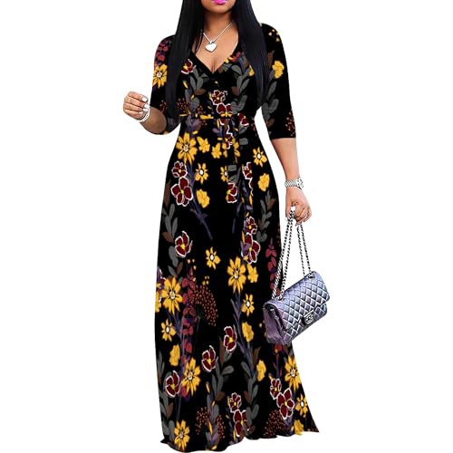 Image of PinkPatty Women's Print Maxi Dresses 3 /4 Sleeve Flowy Long Dress V Neck Wrap Tie Waist Sundress