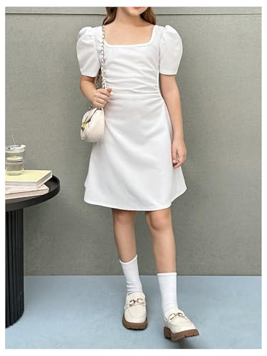 SHENHE Girl's Summer Puff Sleeve Square Neck A Line Flare Short Dress Casual Sundress4