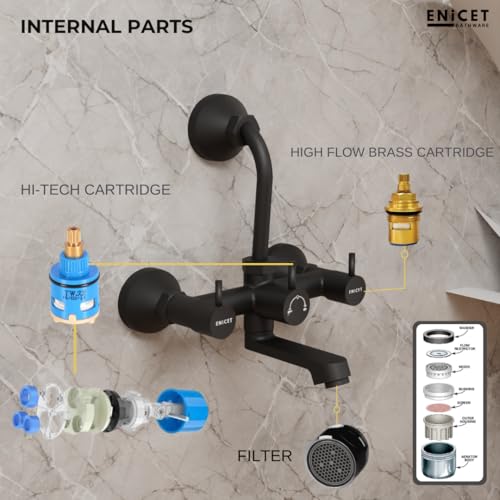 Image of ENICET Brass Wall Mixer with Shower | Matte Black | 190mm Long L Bend Pipe | Wall Mixer for Bathroom | Shower Mixer Set for Bathroom | 7 Year Warranty | Hot and Cold Water Tap (FE121SBlack)