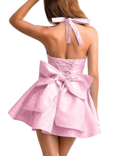 ShawGobow Jacquard Corset Dress,Deep V Halter Mini Dresses with Bow Back,Sexy Birthday Outfits Women Homecoming Prom Formal Pink Small