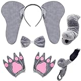 Xuyyicao 5 Pcs Grey Elephant Costume Set,Fuzzy Elephant Ears Nose Tail Gloves Bowtie Kit,Animal Costumes for Halloween Cosplay,Dress Up Party