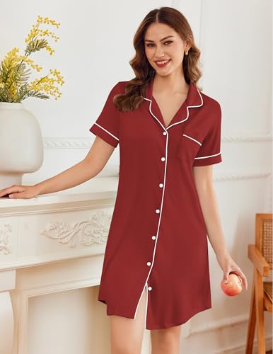 Image of Ekouaer Nightgowns for Women Button Down Sleepshirt Short Sleeve Nightshirt Boyfriend Pajamas V Neck Nightdress S-XXXL