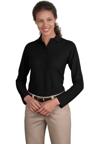 Port Authority Ladies Silk Touch Long Sleeve Polo. L500LS, Black