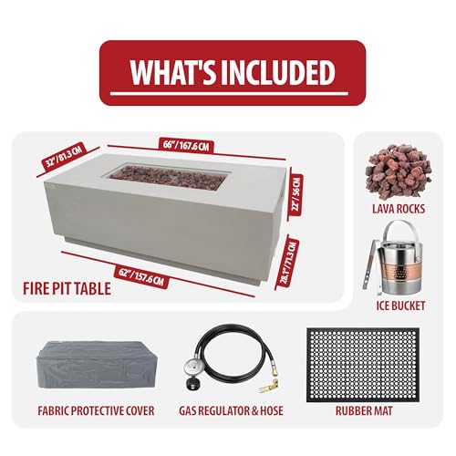 Image of AMS Fireplace Genuine Concrete Rectangular Propane Fire Pit Table for Outside Patio (66 inch Sedona) | Hidden Tank Drawer & Electronic Ignition | w /Bonus Ice Bucket and Rubber Mat (Light Gray)