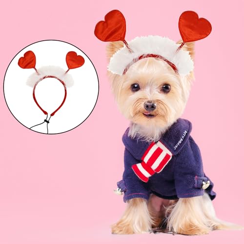 Lezevn 2Pcs Valentine's Day Dog Heart Headband Red Heart White Fluffy Pet Headband Valentines Day Pet Outfit Accessories - Image 3