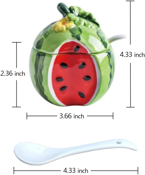 Miniatura 3 de Ceramics - Tarro de almacenamiento con tapa y cuchara, con forma de fruta, para azúcar, sal y pimienta, para condimentos (sandía)