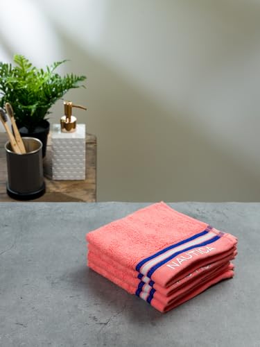 Image of NAUTICA Super Soft Zero Twist 100% Cotton Towel -4pc Face Towel (Vintage Crew Stripe) solid-coral-500 GSM