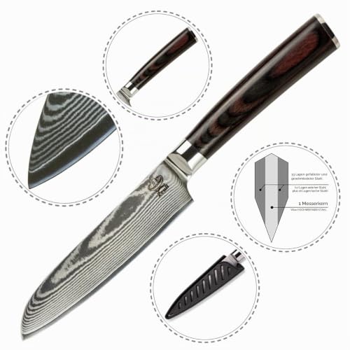 Foto von ZEUß Damastmesser Santoku Messer L (24 cm) Profi-Kochmesser aus echtem 67 Lagen Damaststahl I Damast-Küchenmesser mit Schleifstein, Holzgriff, Klingenschutz und Geschenkbox