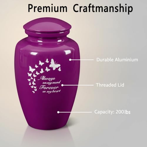 Image of Urns for Human Ashes Adult Female and Male,Large Purple Butterfly Cremation Urn for Human Ashes Women Men,Decorative Funeral Burial Urns for Mother /Mom /Sister /Grandma(Aluminum)