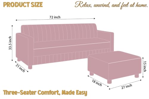 Image of 3 Seater Velvet Sofa with Ottoman | Modern Upholstered Couch | Comfortable Living Room Sofa | Durable & Stylish Seating for Home, Office & Guest Room - Rose Pink Color
