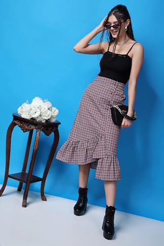 Image of POPWINGS Casual Check Print Long Flare Skirt for Women | Cotton Skirt for Women Skirt for Women