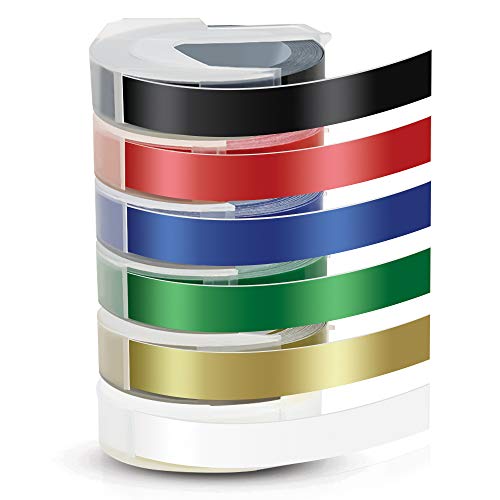 6X Pristar Compatible 3D Plástico Cinta 9mm x 3m para Dymo Cintas 3D Etiquetas Autoadhesivo para Dymo Motex Junior Omega 1540, Maxi 1755, Blanco sobre Negro/Rojo/Azul/Verde/Oro/Transparent